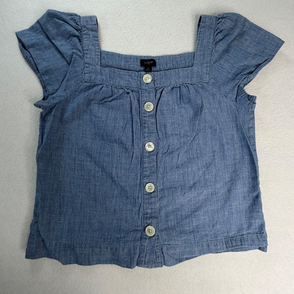 J.Crew Womens Blue Cotton Chambray Square Neck Button Front Flutter Sleeve Top S
